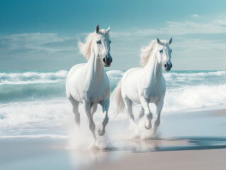 Obraz na płótnie Canvas white horses galloping on the beach, blue sky and sea landscape
