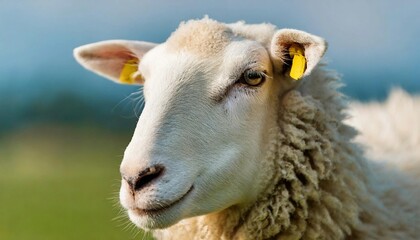 Obraz premium White fluffy sheep looking at camera. Young domestic animal.