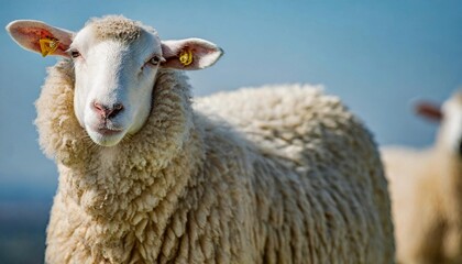 Obraz premium White fluffy sheep looking at camera. Young domestic animal.