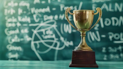 Gold trophy cup in focus with blurry mathematics equations on a blackboard in the background.