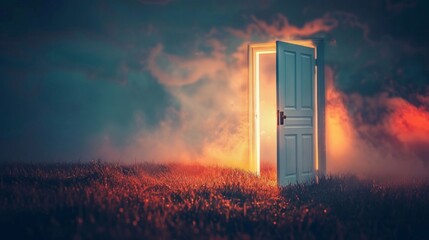 Surreal scene with an open door glowing in a mystical field under a dramatic sky. - obrazy, fototapety, plakaty