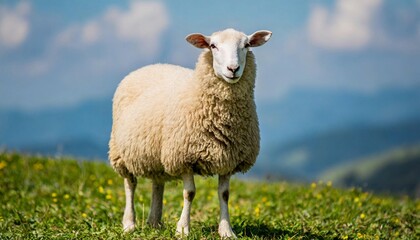 Fototapeta premium White fluffy sheep looking at camera. Young domestic animal.