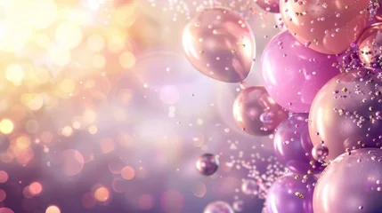 Foto op Canvas Close-up of shiny purple balloons with sparkling golden accents in a festive atmosphere. © tashechka