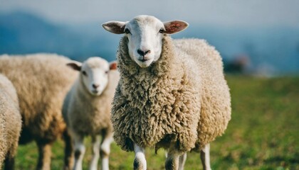 Fototapeta premium White fluffy sheep looking at camera. Young domestic animal.