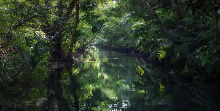 the beauty of a tranquil jungle river winding its way through dense foliage, with reflections of towering trees mirrored on the calm water's surface realistic High-resolution photography