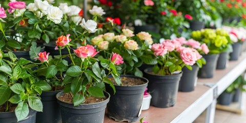A variety of rose plants in full bloom, housed in black planters at a plant nursery. - obrazy, fototapety, plakaty