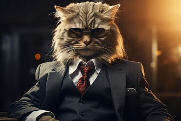 Cat wearing suit and tie sitting in chair. Generative AI