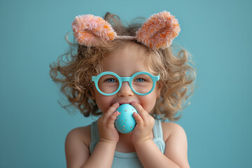 cute little girl with bunny ears holds Easter eggs by the face, Easter holiday card with copy space