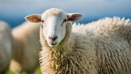 White fluffy sheep looking at camera. Young domestic animal.