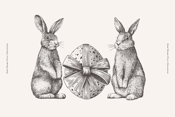 Pair of funny rabbits with a painted egg in an engraving style. Festive illustration for Happy Easter. Cute bunnies and Easter egg on a light background. Design element for spring holiday. © KOSIM