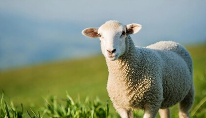 Fototapeta premium White fluffy sheep looking at camera. Young domestic animal.