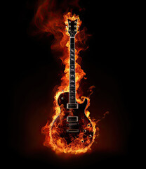 Guitar Engulfed in Flames Against Black Background