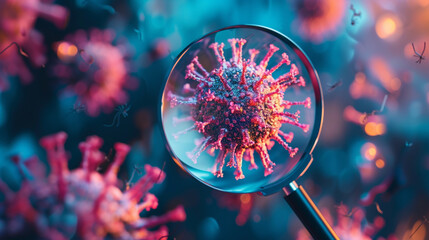 illustration of viruses under a magnifying glass - obrazy, fototapety, plakaty