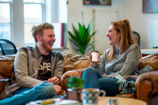 Friends Sharing a Laugh Over Coffee on Sofa. A young man and woman enjoy a cheerful conversation with coffee cups in hand, sitting on a brown leather sofa in a cozy room.