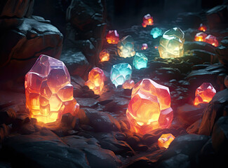 Group of Illuminated Rocks in the Dark