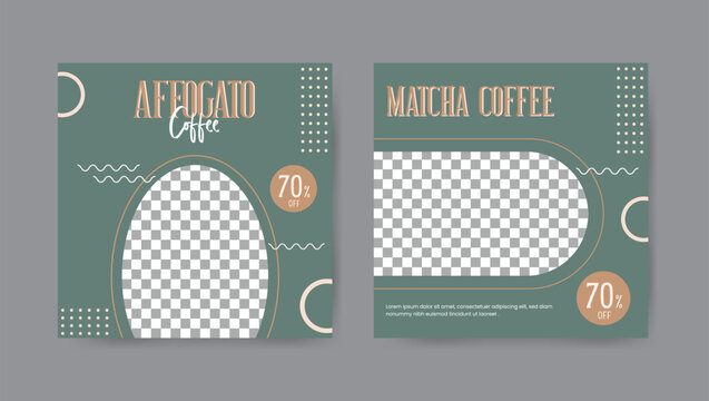 Collection of minimalist geometric coffee shop social media post templates. Square banner design background.