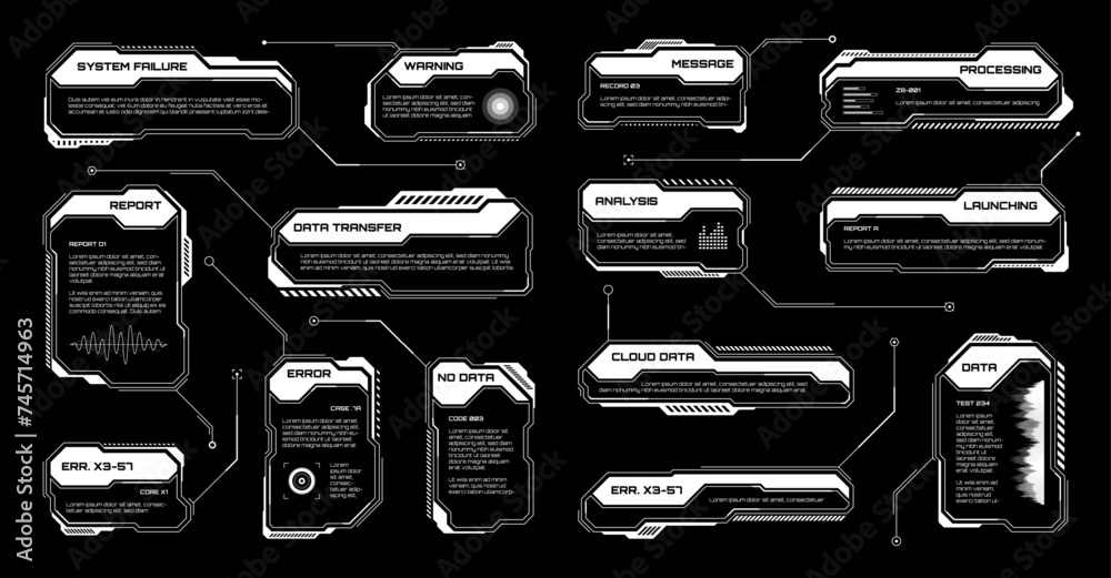 Poster white futuristic hud, ui elements. sci-fi user interface text boxes, callouts. warning message frame