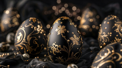 black Easter eggs with gold ornaments on black background. Happy Easter design