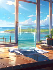 A glass of water on a table in front of a window with a view of the ocean