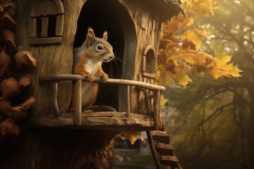 A squirrel stands on the balcony of it's treehouse