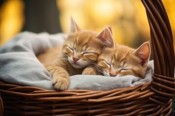 Two cute red kittens sleep in a wicker basket
