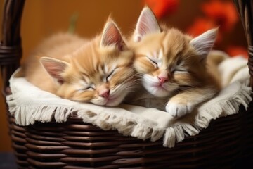 Two red kittens are sleeping sideways in a wicker basket on a rug with ruffles