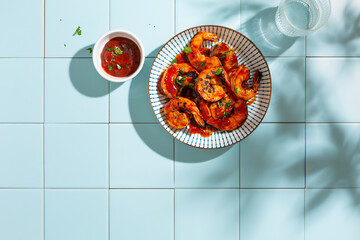 Grilled shrimp with hot sauce and herbs, Top view. Tile background.