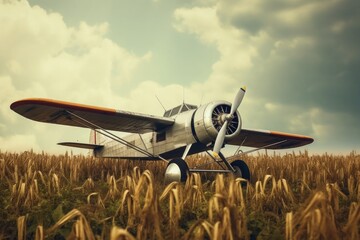 A vintage light two-wing aircraft stands in a field