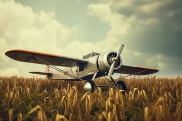 Papier Peint photo Ancien avion A vintage light two-wing aircraft stands in a field