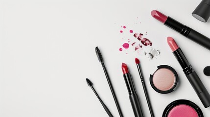 Top view of set of women's makeup cosmetics on white background. Women's Cosmetics and Accessories