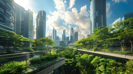 Green Urban Canopy.  Modern city with integrated green spaces, reflecting an eco-conscious urban design. Skyscrapers and clear skies.  - obrazy, fototapety, plakaty