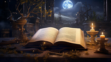 Mystical book on an altar, bathed in moonlight, its pages alive with enchanted stories