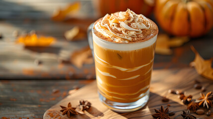 A pumpkin spice latte, with frothy foam swirling as the background, during a coffee break