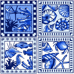 Collection of Delft Blue Tiles Showcasing Marine Life and Plants, Hand Painted with Gouache Brushes, Perfect for Coastal Decor and Art Projects