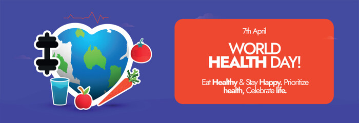 World Health Day. 7th April World Health Day celebration cover banner with earth globe in heart shape, dumbbell, carrot, water glass, apple, heartbeat icons on purple background. Eat healthy, stay fit