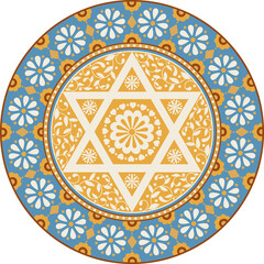Vintage style ornamental mandala with folk motifs and hexagram