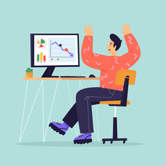 Crisis. Stress. Man not happy sitting at the computer. Bad statistics. Flat illustration