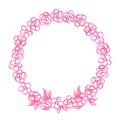 Hand drawn watercolor pink abstract roses wreath frame border isolated on white background. Can be used for album, post card and other printed products.