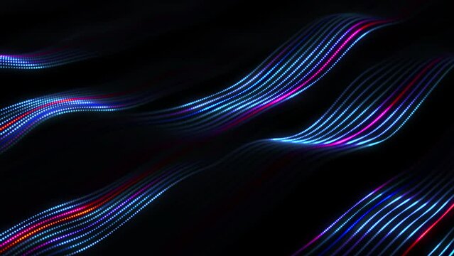 Glowing waving dotted lines on the virtual space. Abstract concept of digital sound waves, artificial intelligence (AI) or data analysis. 4K looped animation of 3D sound waves on black background