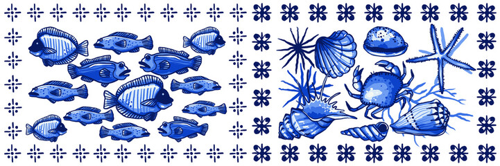 Collection of Delft Blue Tiles Showcasing Marine Life and Plants, Hand Painted with Gouache Brushes, Perfect for Coastal Decor and Art Projects
