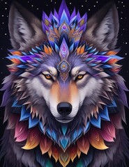 A regal wolf with a kaleidoscope of colors, illuminated against a dark night sky