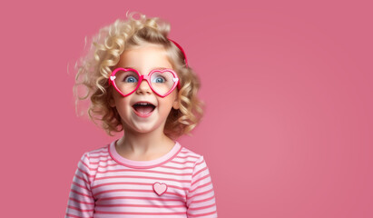 Little blonde child with heart shaped eye glasses on pink background with copy space. Happy childhood, Valentines day celebration holidays. - obrazy, fototapety, plakaty