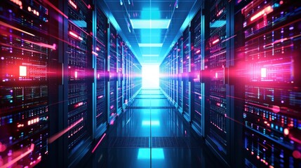 Fototapeta premium Abstract data center network system. Server racks in server room data center .computer network security concept.