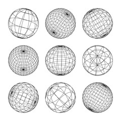 Wireframe shapes, lined sphere. Perspective mesh, 3d grid. Low poly geometric elements. Retro futuristic design elements, y2k, vaporwave and synthwave style. Vector illustration