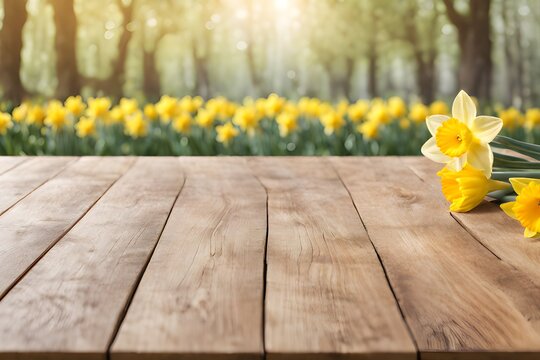 A empty wooden table, on a blurred Daffodil flower garden background