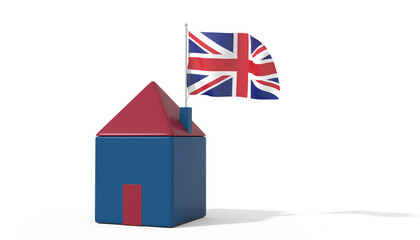 Casa 3D con bandiera al vento United Kingdom sul tetto