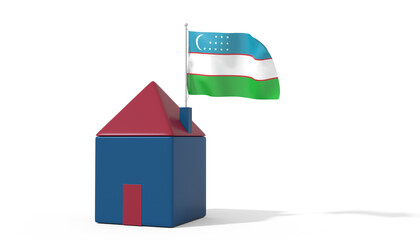 Casa 3D con bandiera al vento Uzbekistan sul tetto