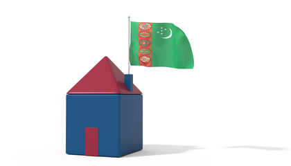 Casa 3D con bandiera al vento Turkmenistan sul tetto