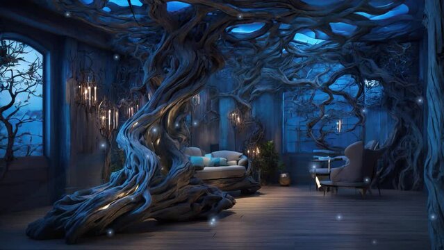Blue Illumination: 4K Video Loop of a Room with Tree Root Walls and Cozy Sofas