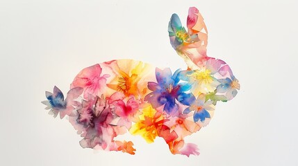 collage made out minimal watercolor flowers, with a bunny